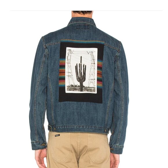 10.DEEP Mens Badlands Denim Jean Jacket Embroidered Southwestern Desert Cactus M - Picture 5 of 9